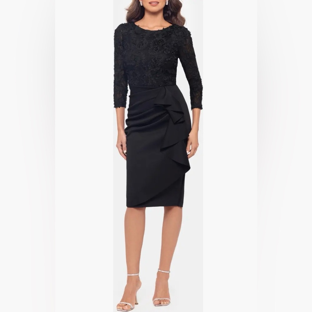 NWT Xscape evenings Ruffle Floral Appliqué Sheath Cocktail Dress in black size 6